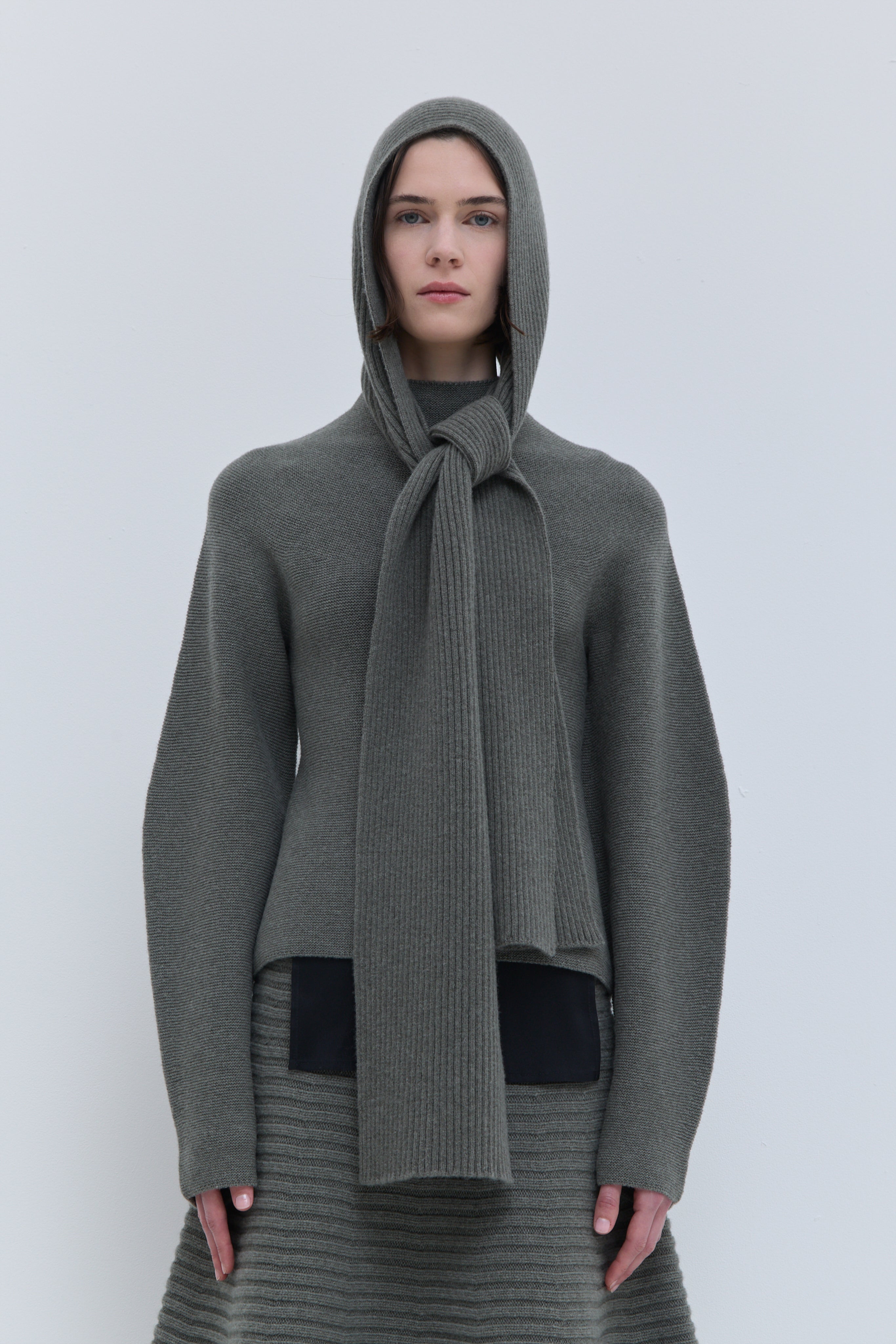 Christian Wijnants Kitia hooded scarf in laurel melange 100% superfine wool