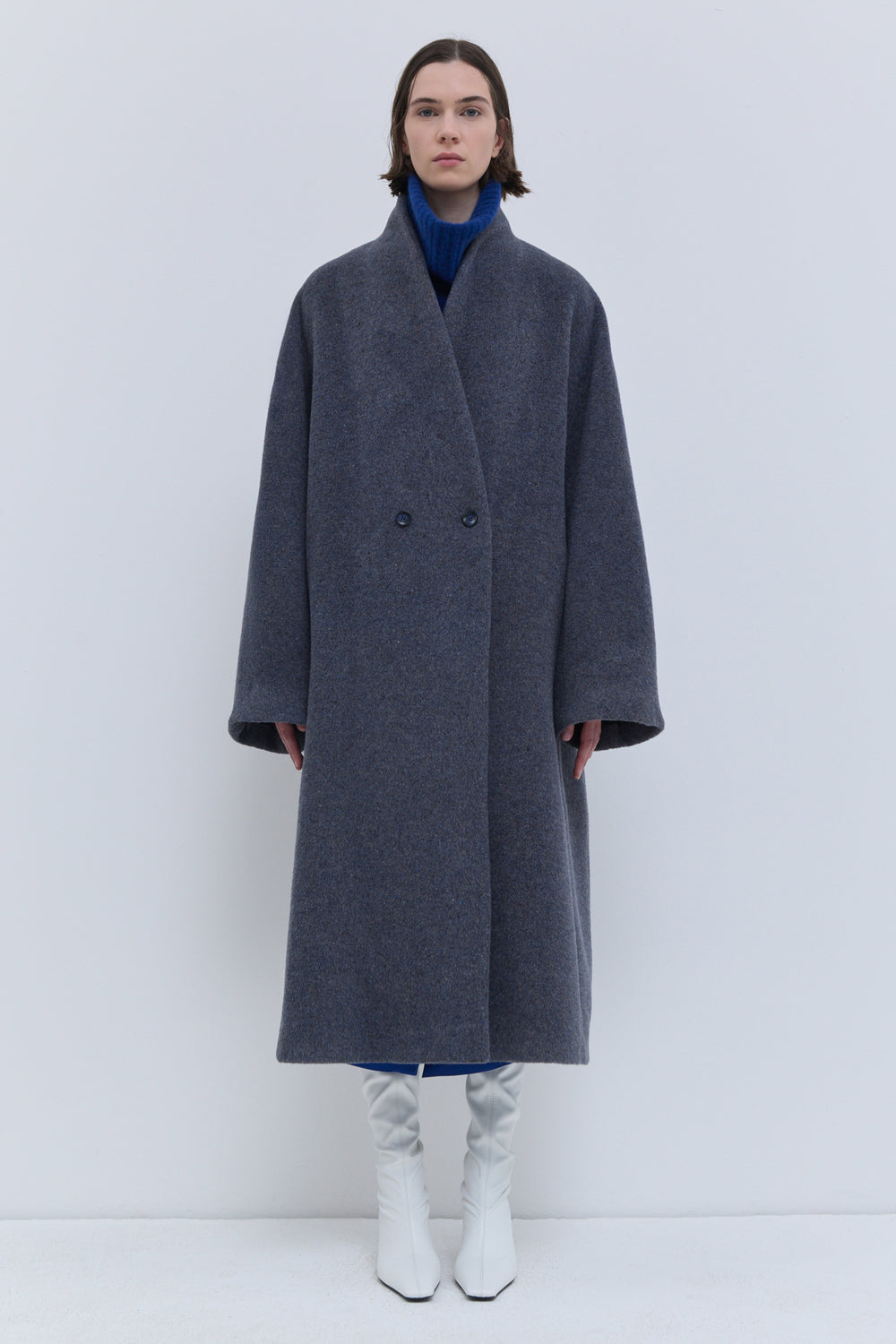 Dust blue alpaca and virgin wool coat for women