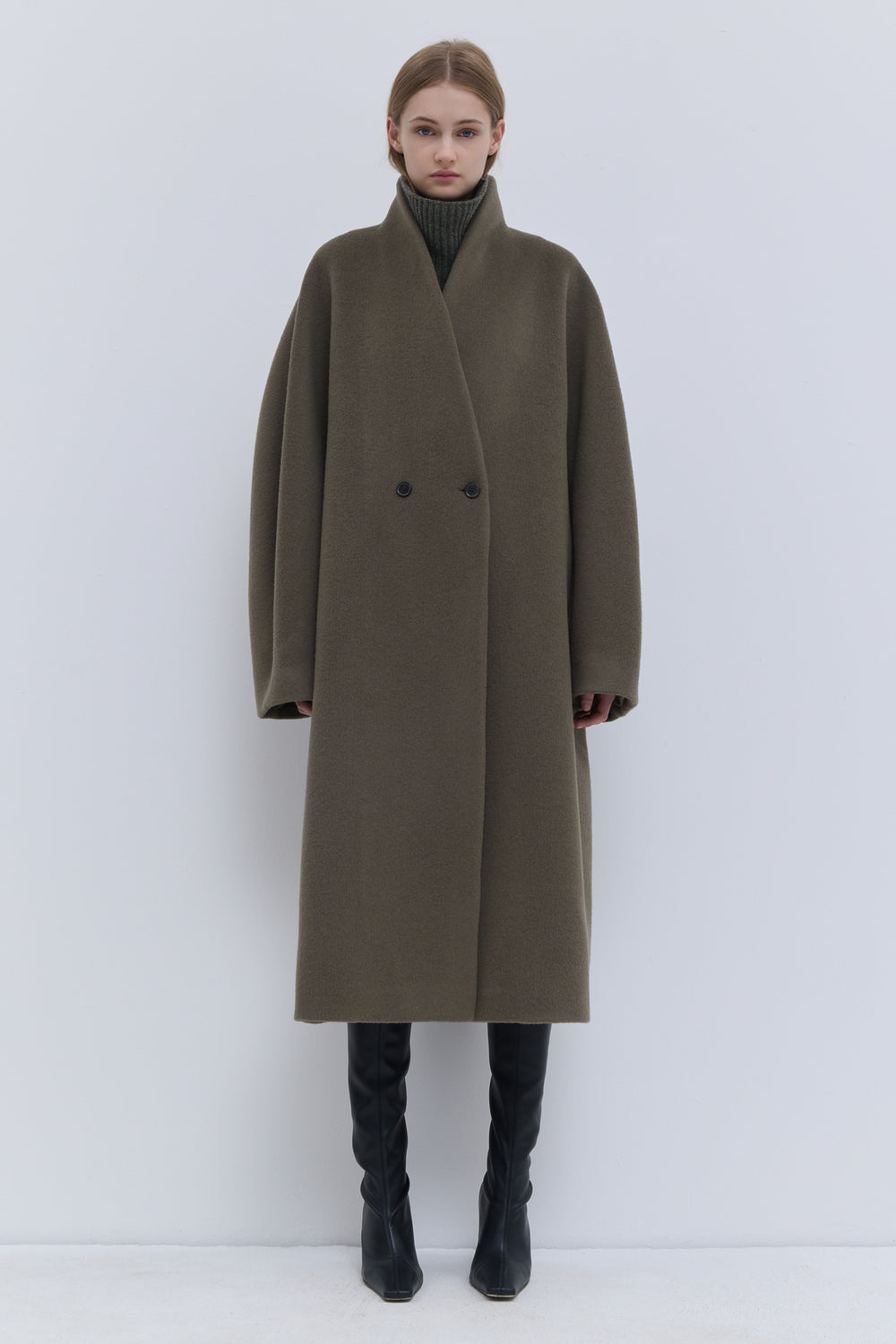 Laurel green alpaca and virgin wool coat for women