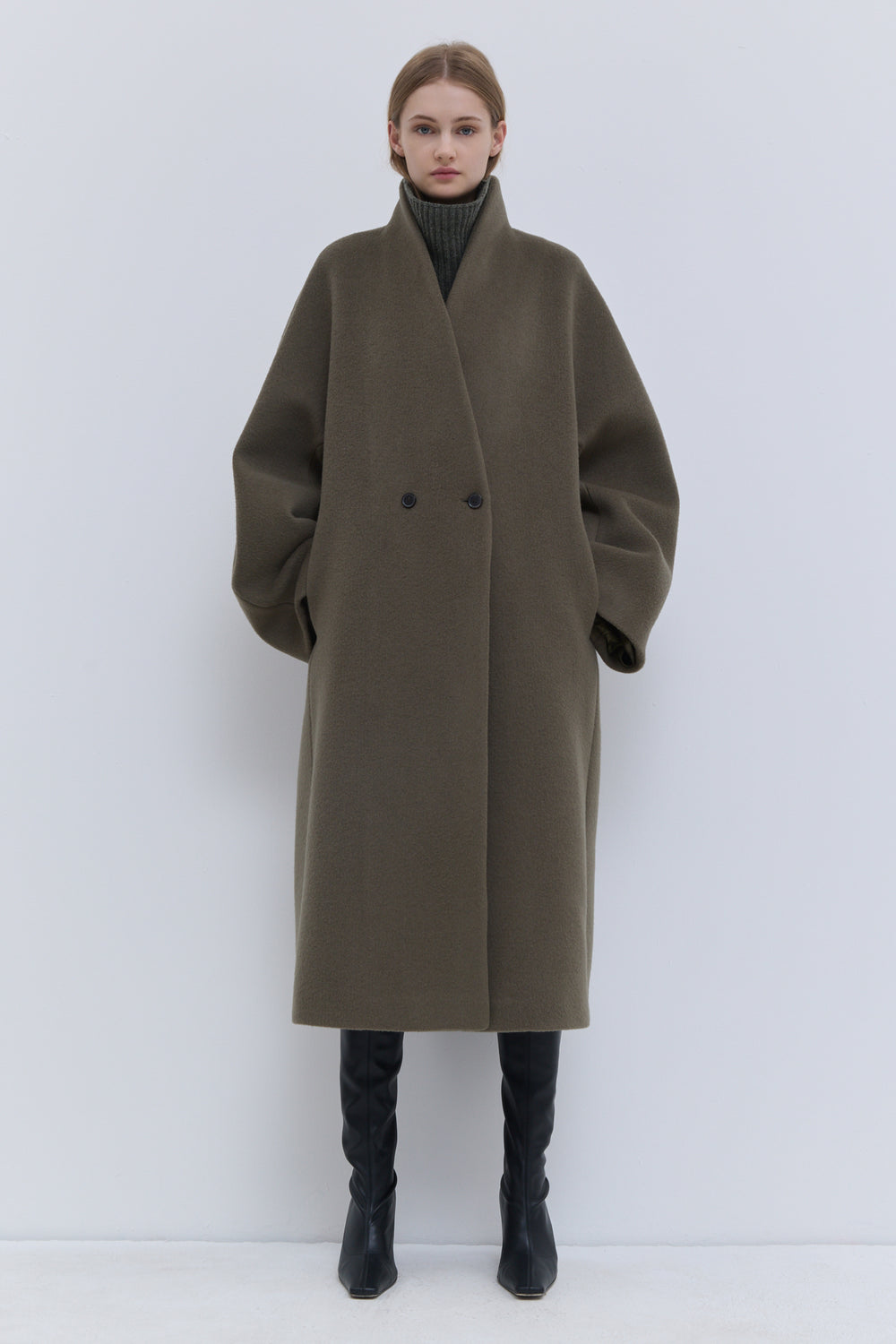 Caparis laurel green wool coat with soft shawl collar
