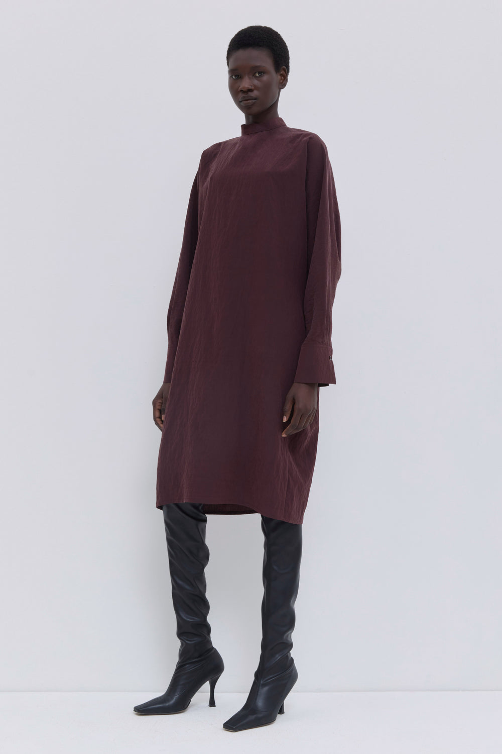 Women’s burgundy midi dress with tie-neck back closure