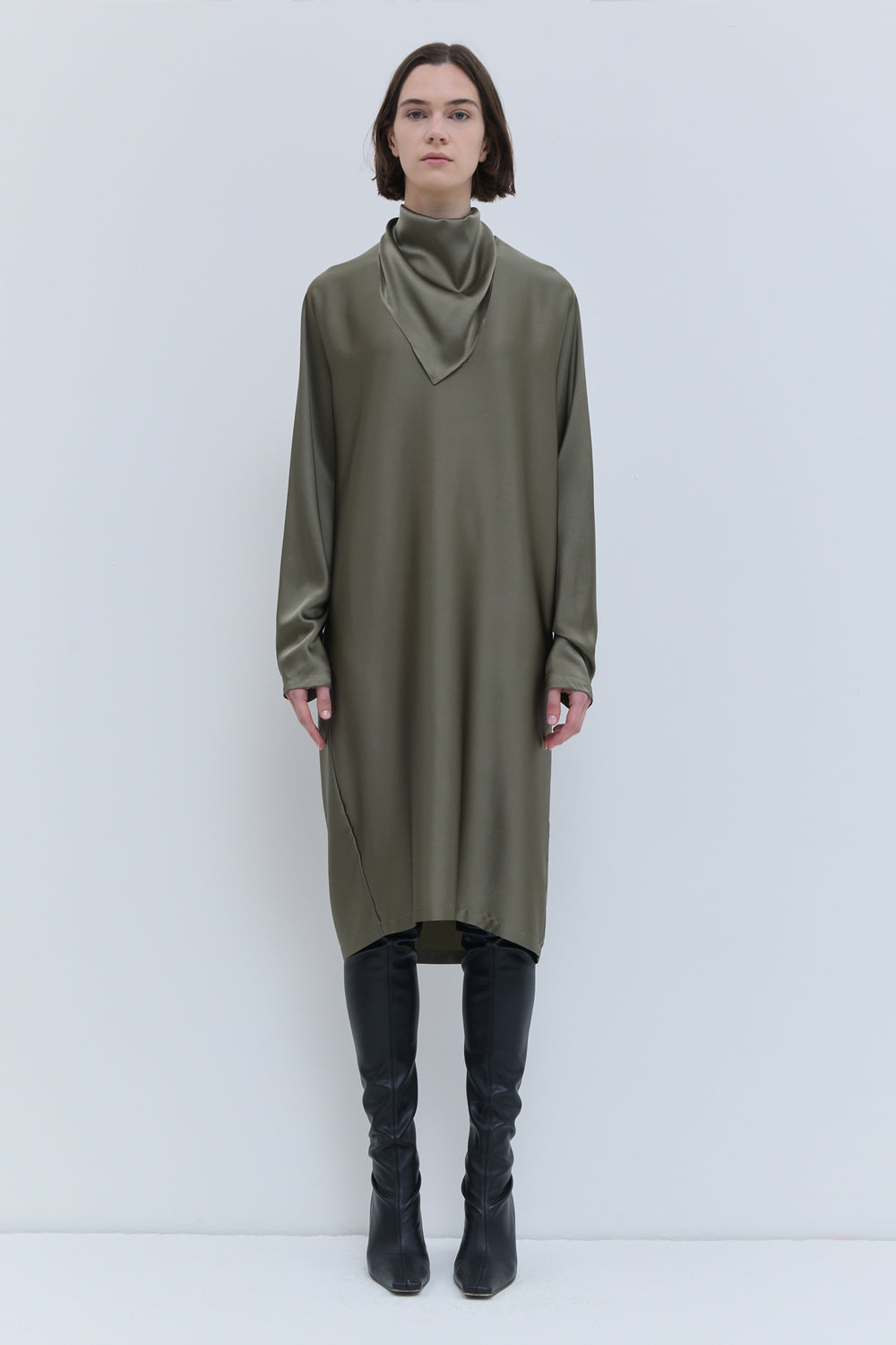 Deira batwing sleeve dress in artichoke with detachable triangle scarf.
