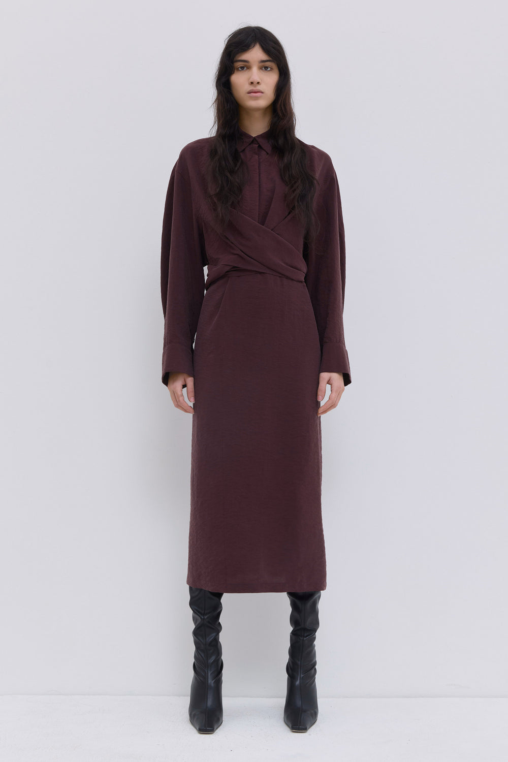 Women’s burgundy long shirt dress with draped waist detail