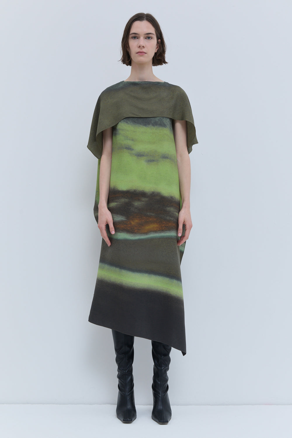 Christian Wijnants Aurora Olive printed sleeveless dress with draped flap detail over the shoulders