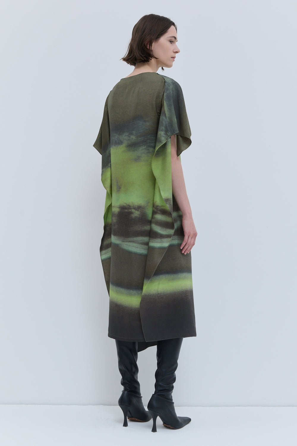 Christian Wijnants Durango sleeveless panel dress in Aurora Olive print with draped shoulder flap