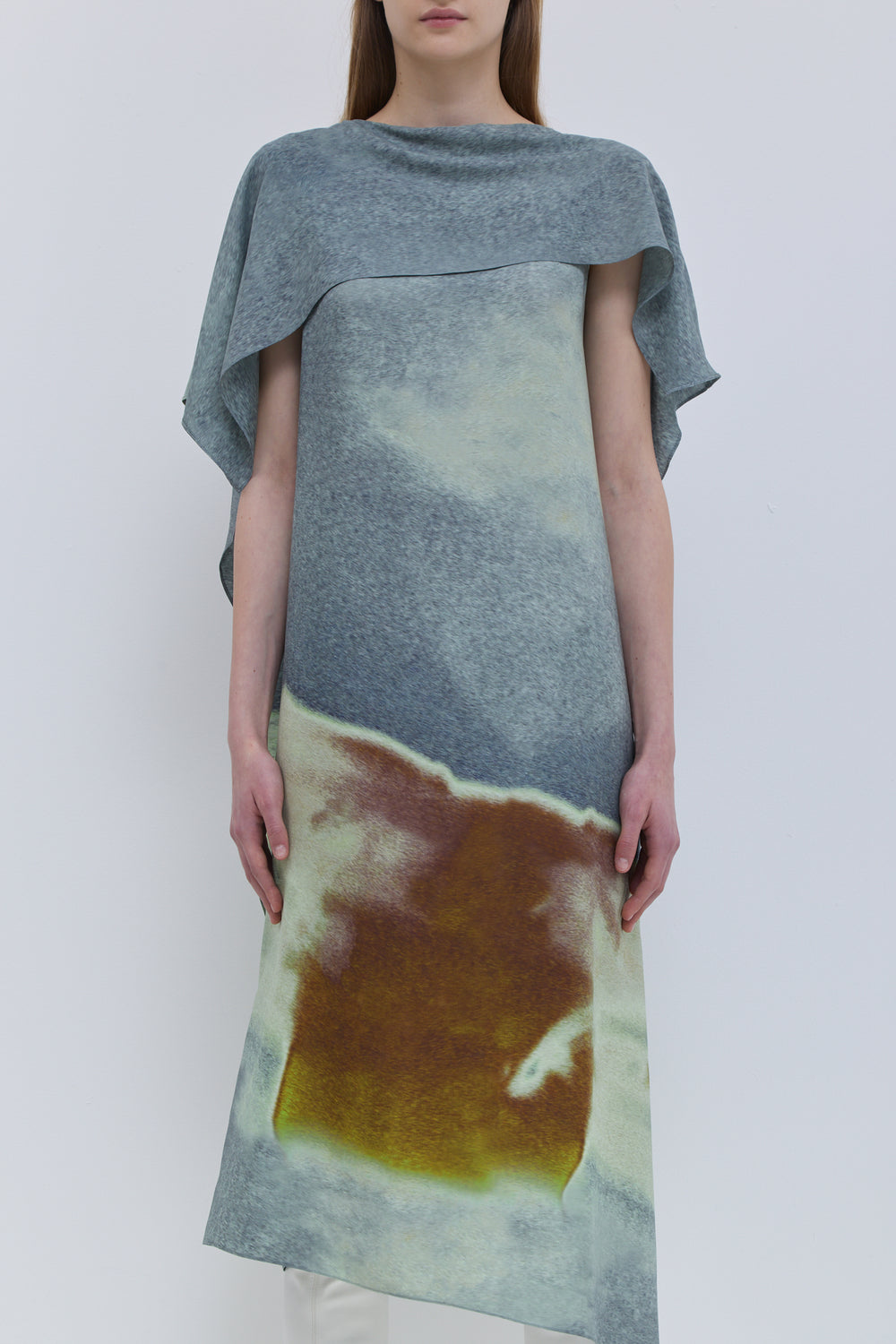 Winter Sky printed sleeveless dress with fluid silhouette.