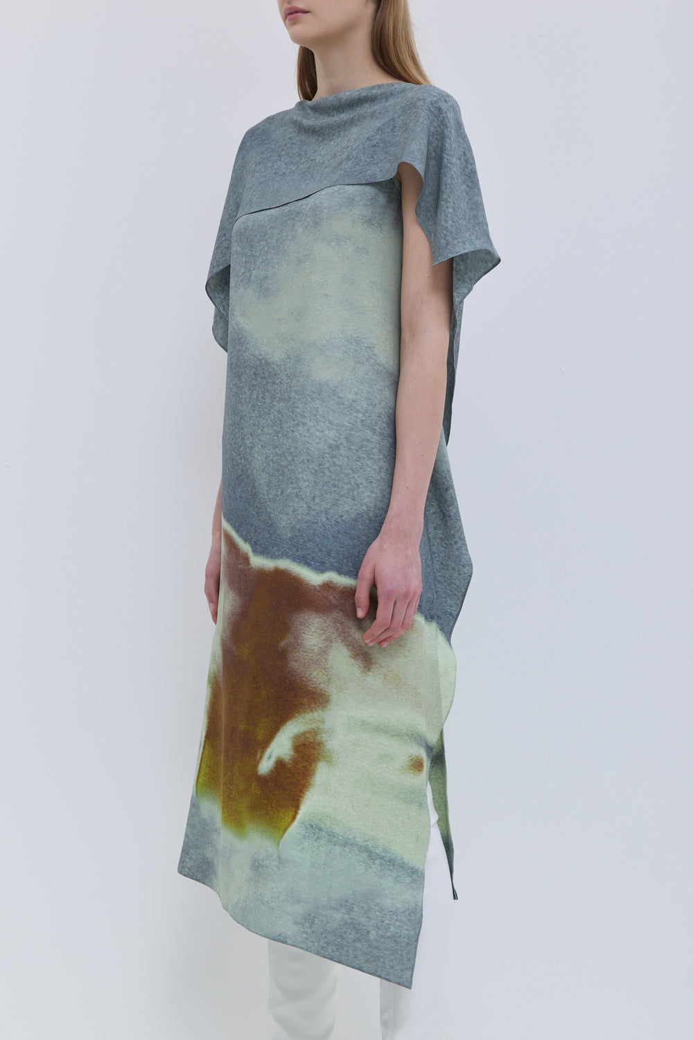 Durango designer dress with abstract Winter Sky print and layered flap detail.
