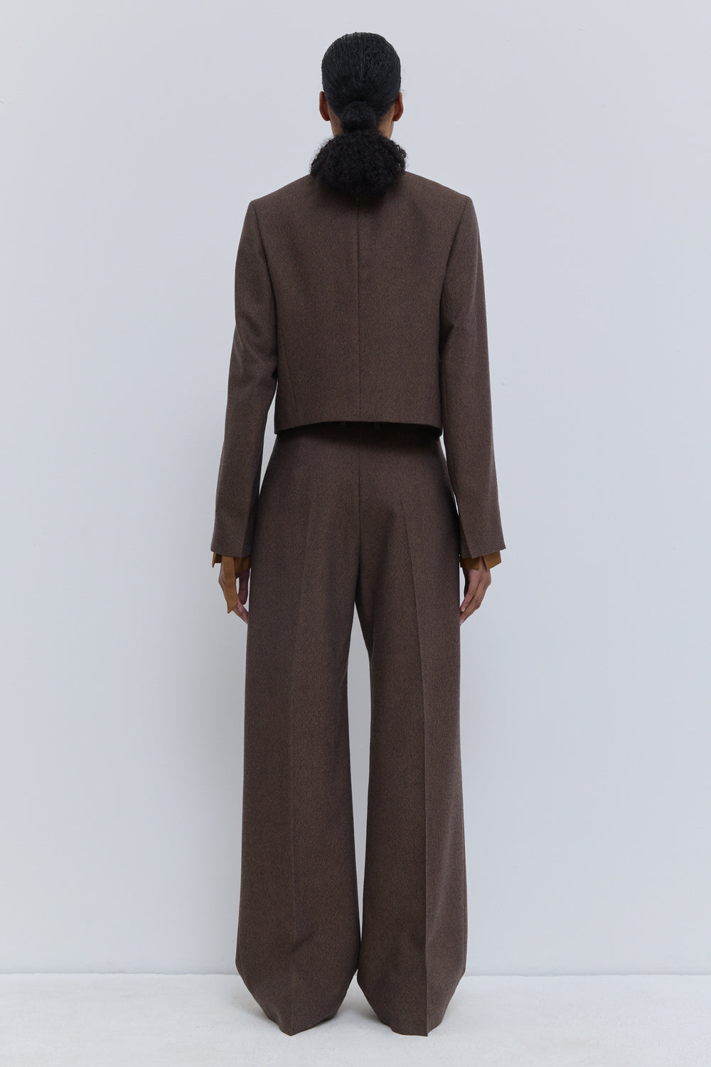 Rust brown tweed cropped tailored jacket with standing collar and long sleeves
