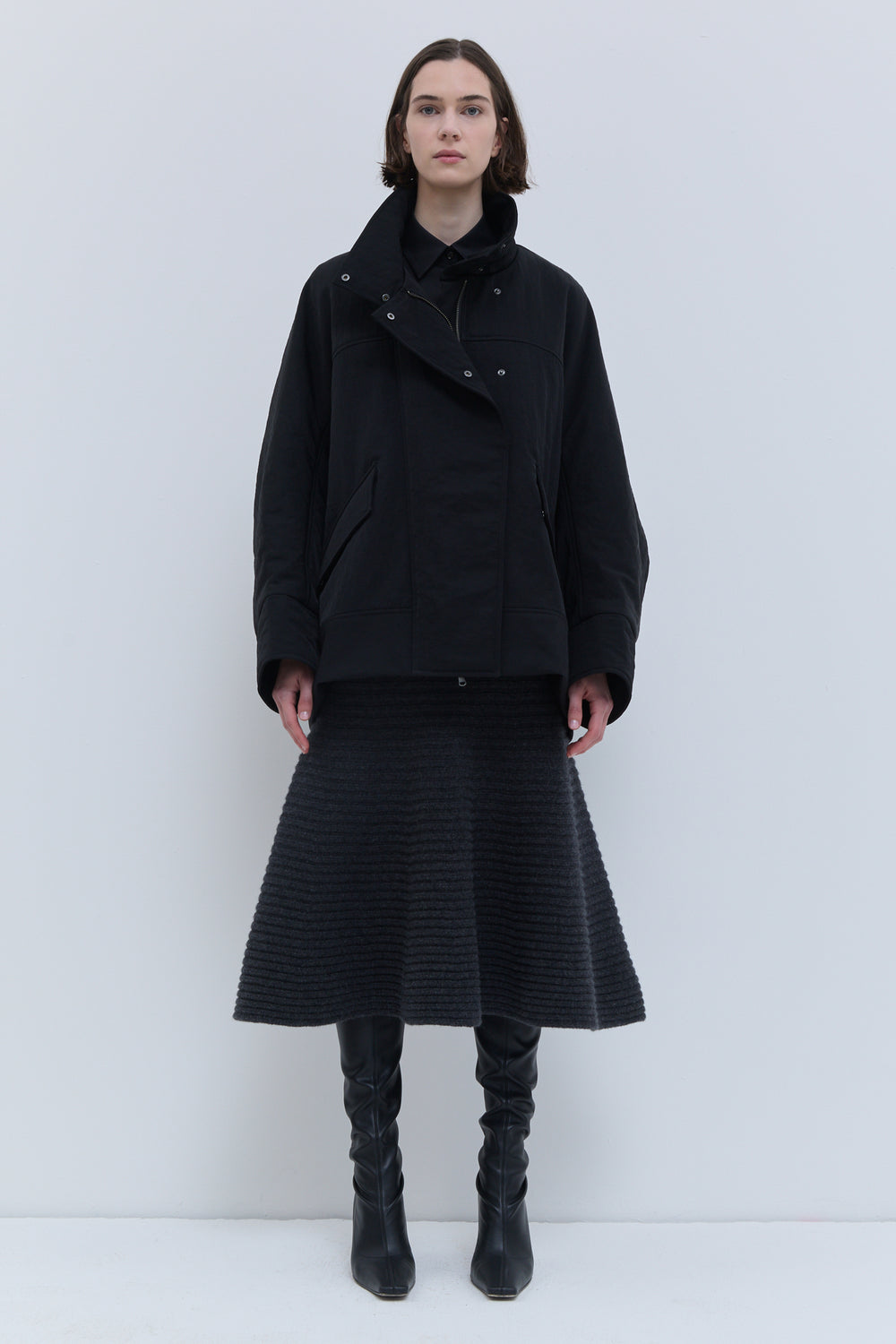 Black oversized padded jacket with high stand collar