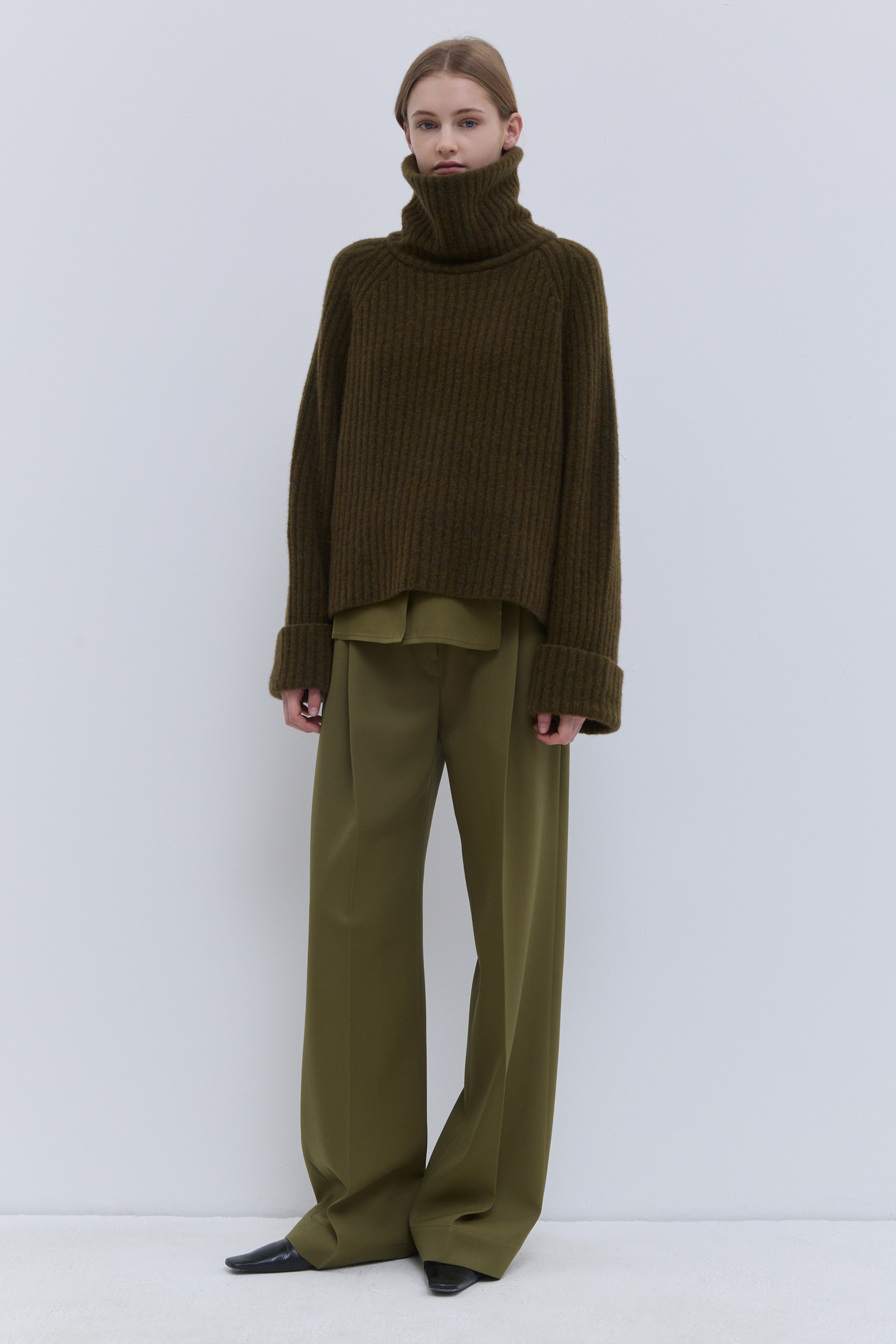 Christian Wijnants Kalda military green chunky rib sweater with high collar