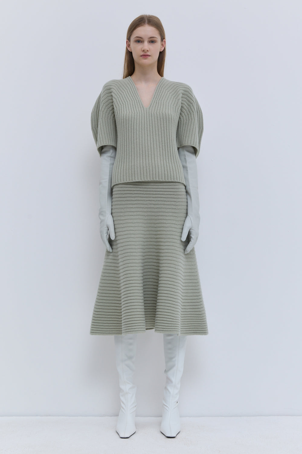 Kisha light sage 3D rib-knit top in superfine wool