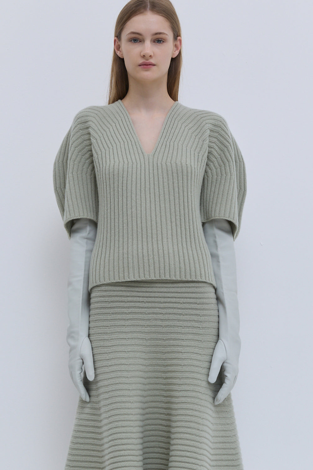 Light sage chunky rib-knit top with V-neckline