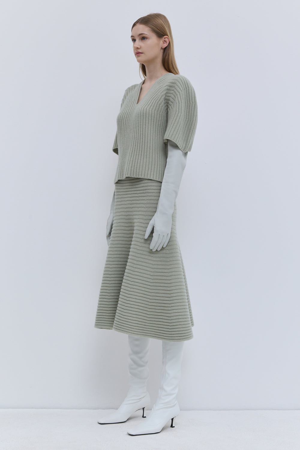 Light sage superfine wool sweater with V-neckline