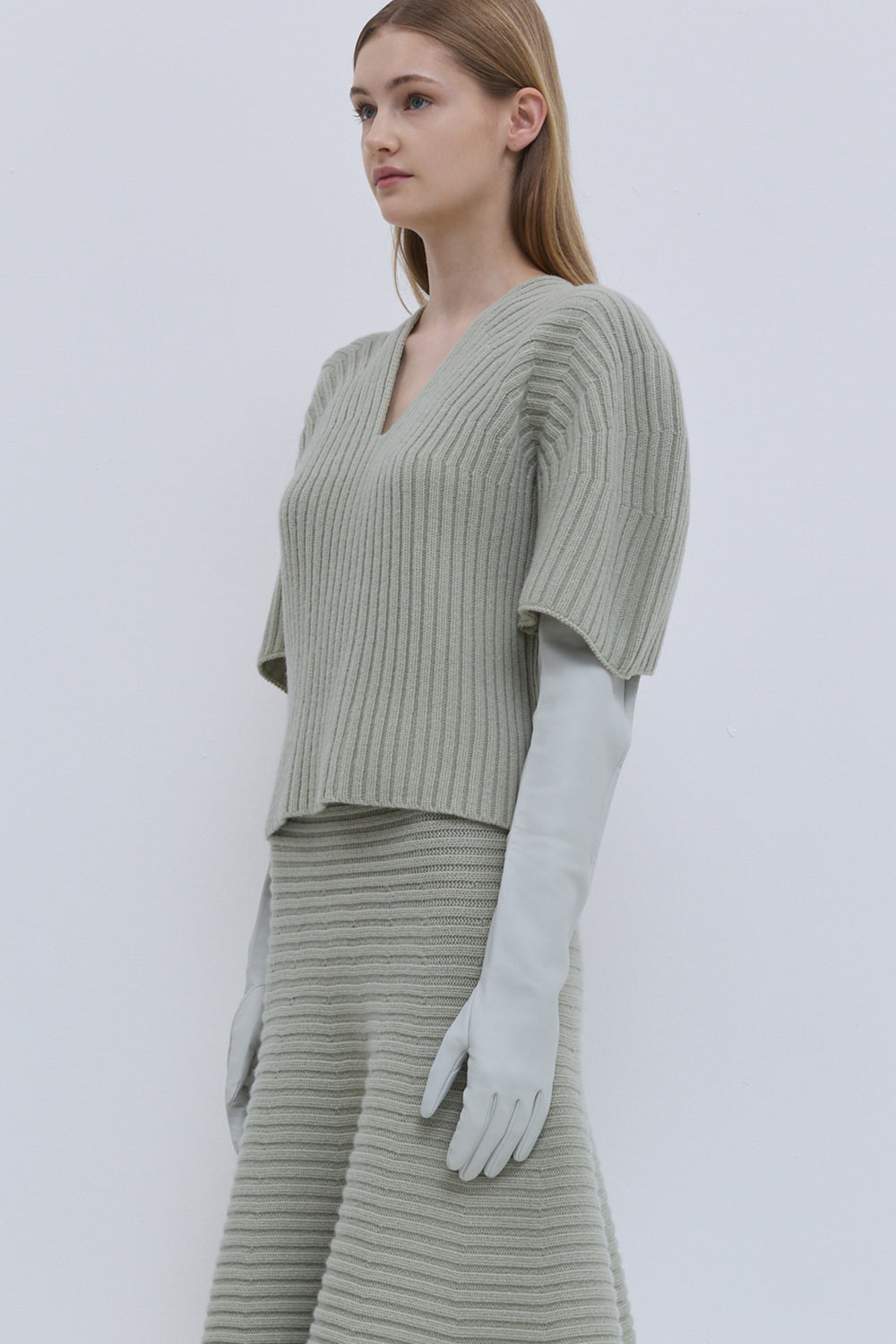 Kisha light sage knitwear top with sculptural short sleeves