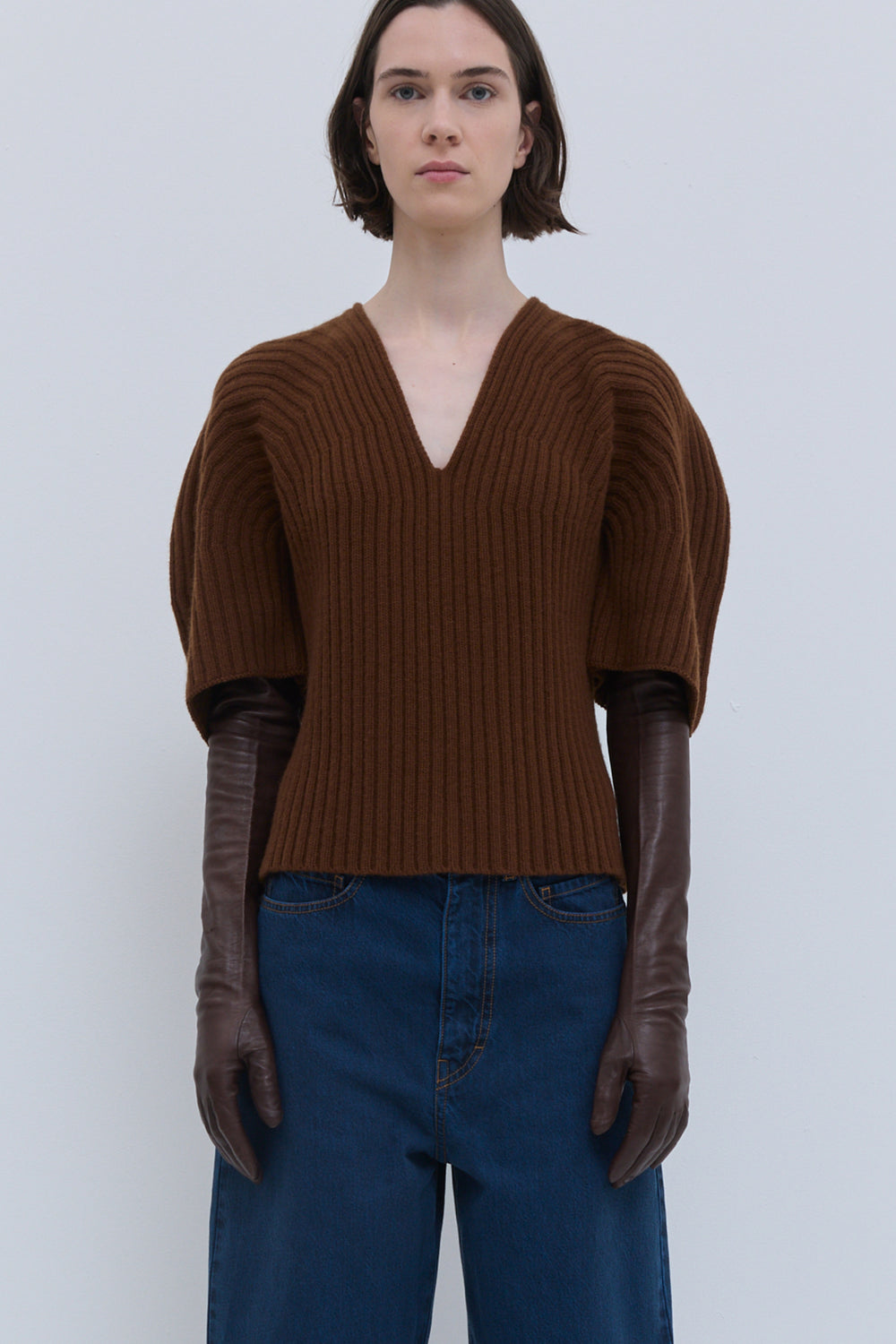 Kisha rust wool top with deep V-neckline