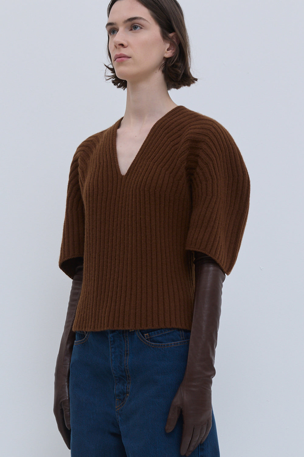 Rust chunky rib-knit top in 100% superfine wool
