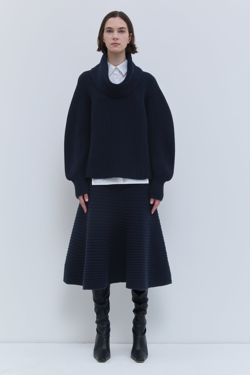 Koussan dark marine ribbed sweater with draped collar