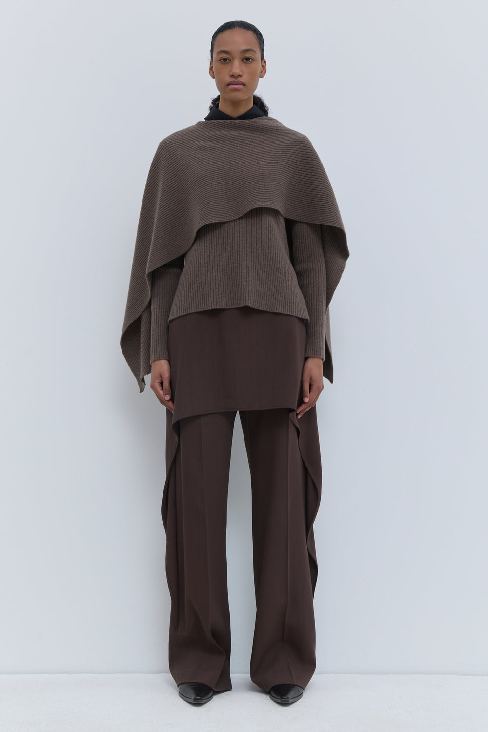 Kovira brown melange ribbed sweater with detachable scarf