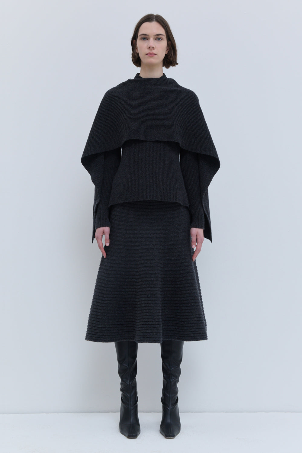 Charcoal knit sweater with draped detachable scarf