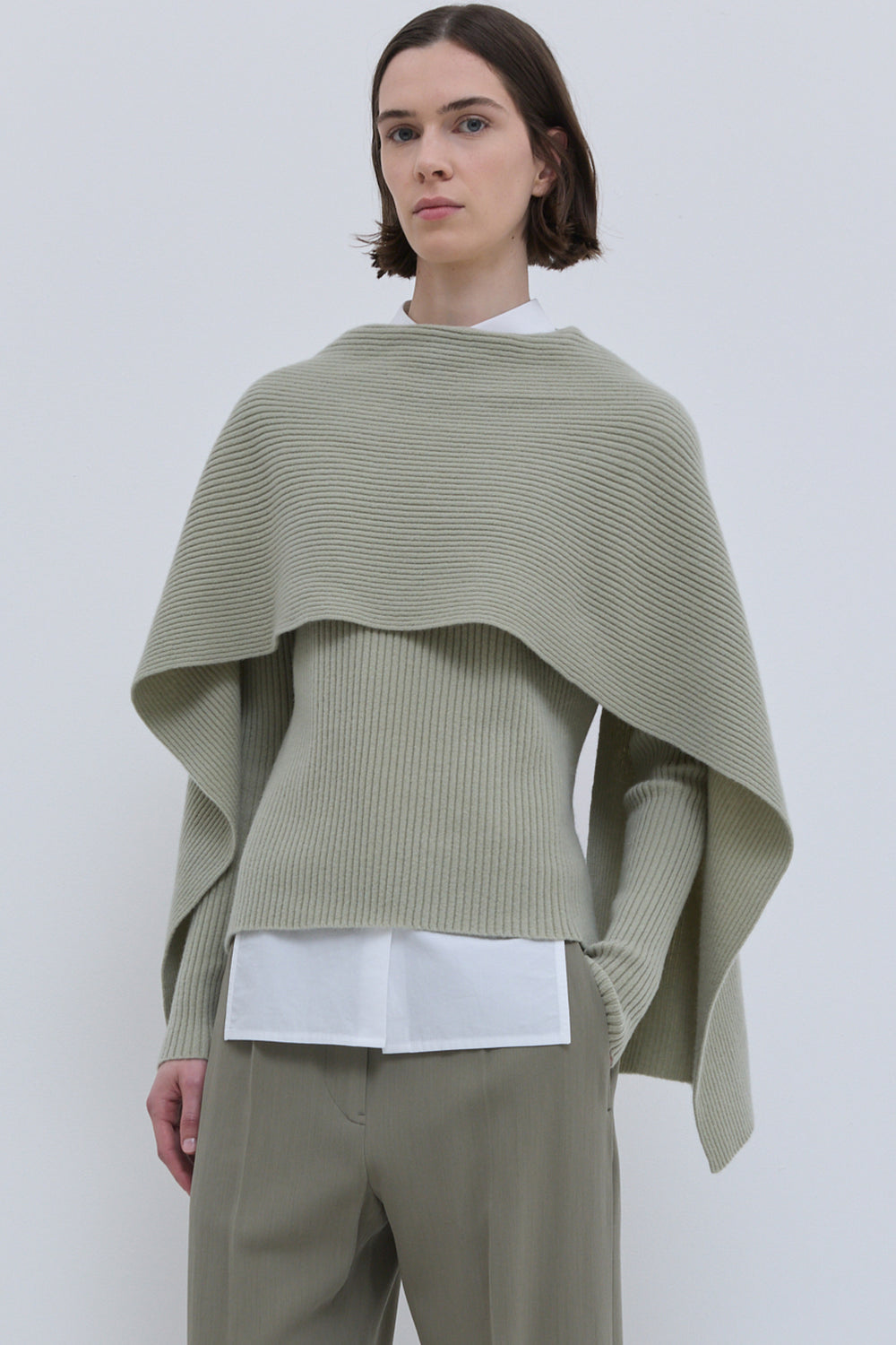 Kovira light sage ribbed sweater with detachable scarf