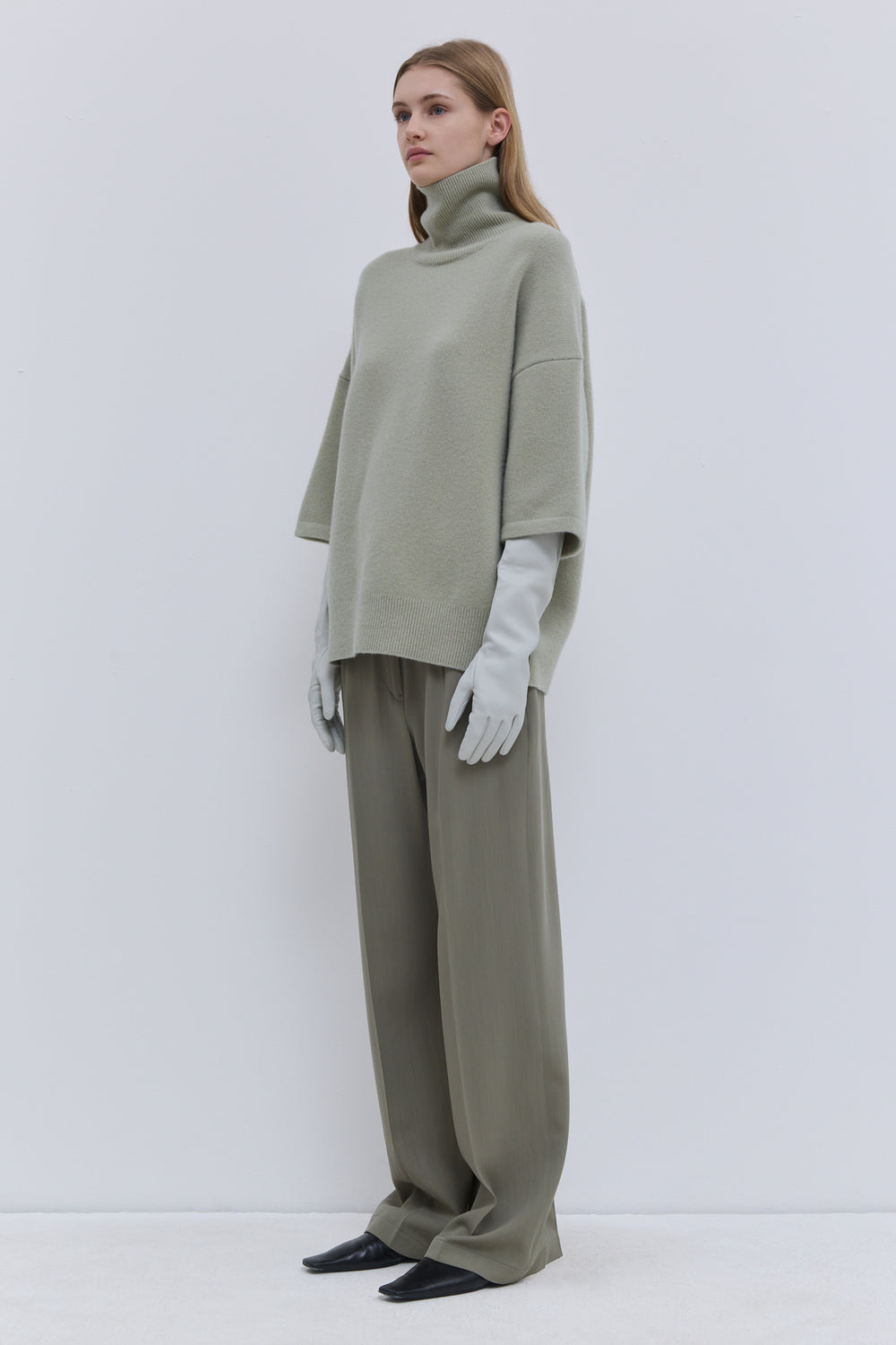 Koyo light sage turtleneck sweater with wide short sleeves