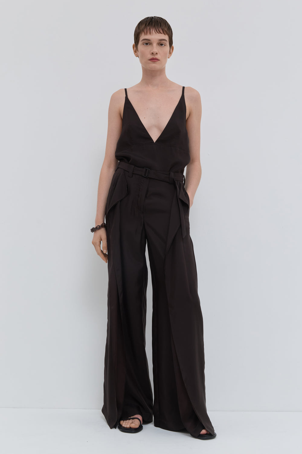 Chocolate wide leg trousers with draped front panels and belt