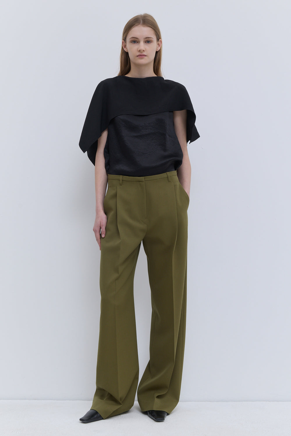 Christian Wijnants olive virgin wool wide-leg trousers styled with a draped top