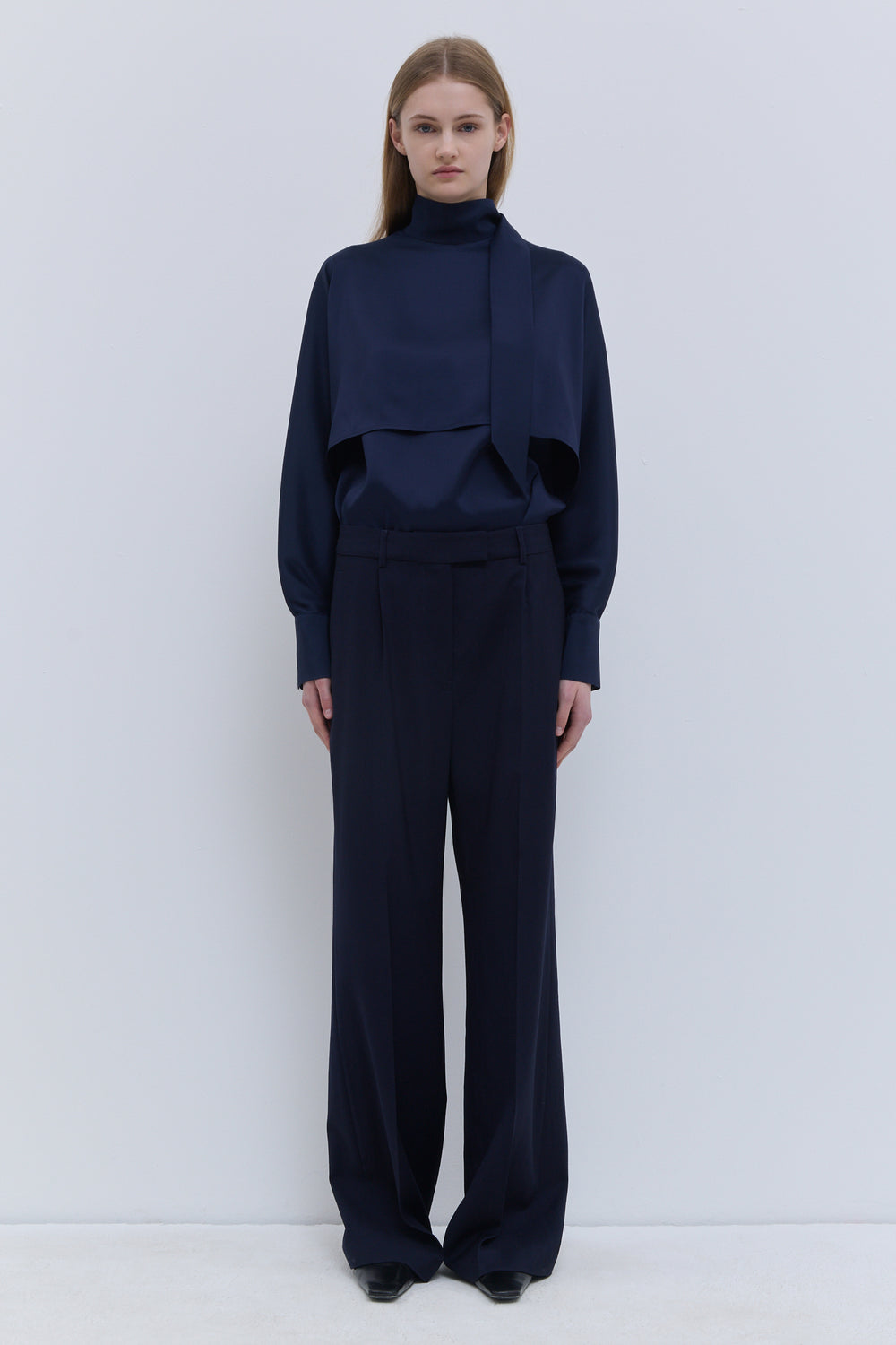 Christian Wijnants Dark Navy wool straight-leg trousers with tailored front crease, front view