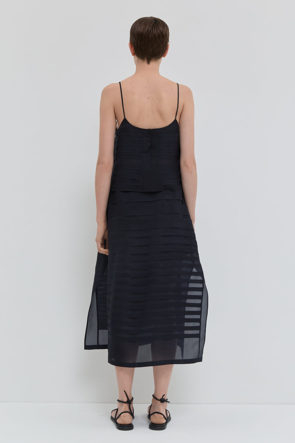 Navy silk organza A-line skirt with handmade bias stroke texture and sheer finish