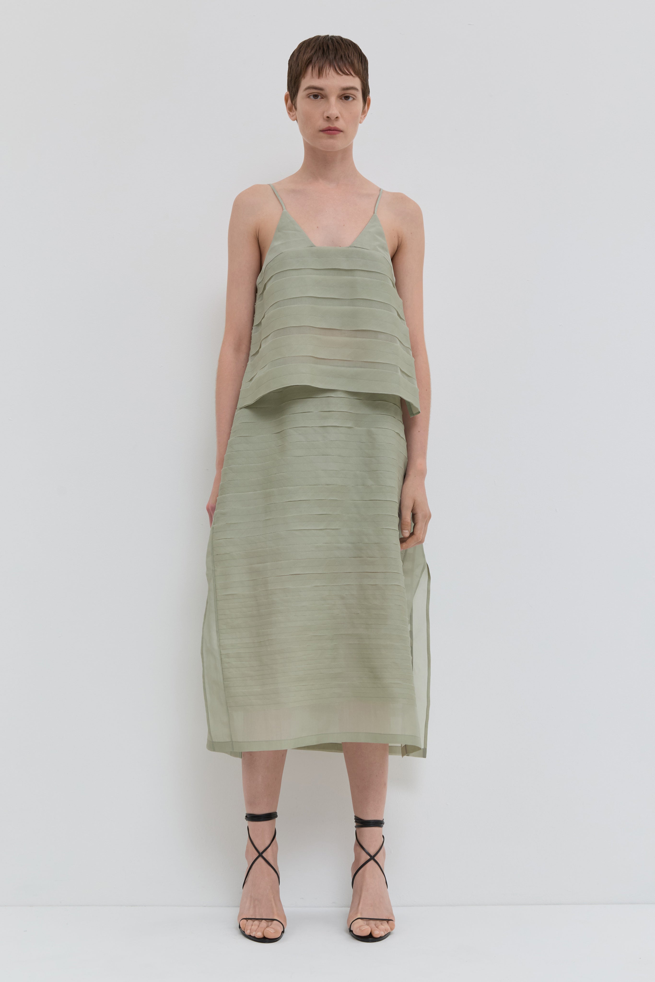 Sage silk organza A-line skirt with handmade bias stroke texture and sheer finish