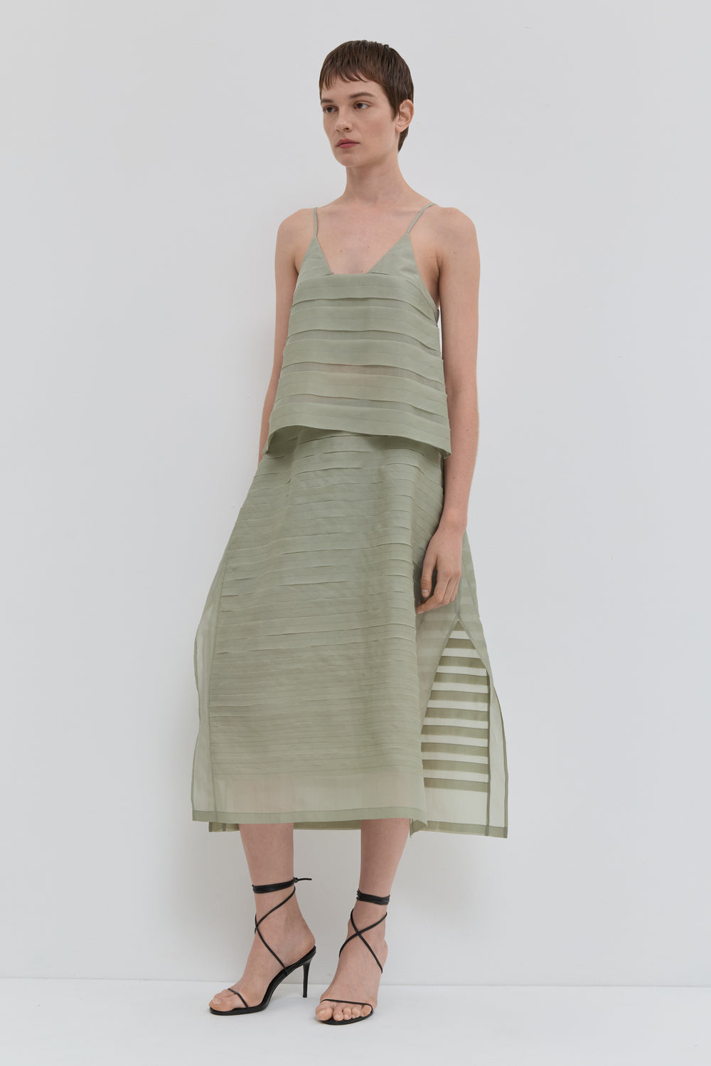 Sage silk organza A-line skirt with handmade bias stroke texture and sheer finish side view