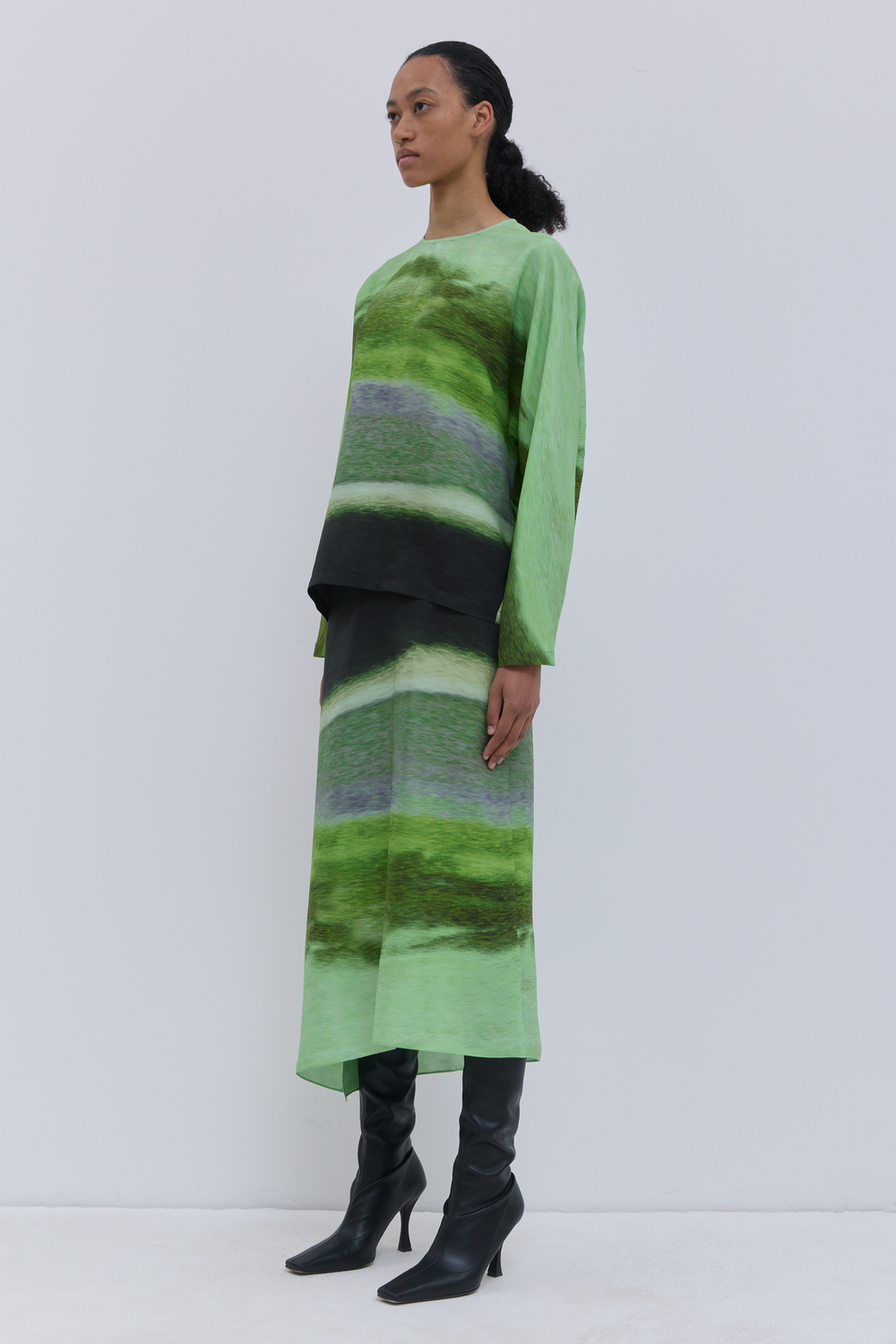 Green printed silk skirt in Tropical Storm print