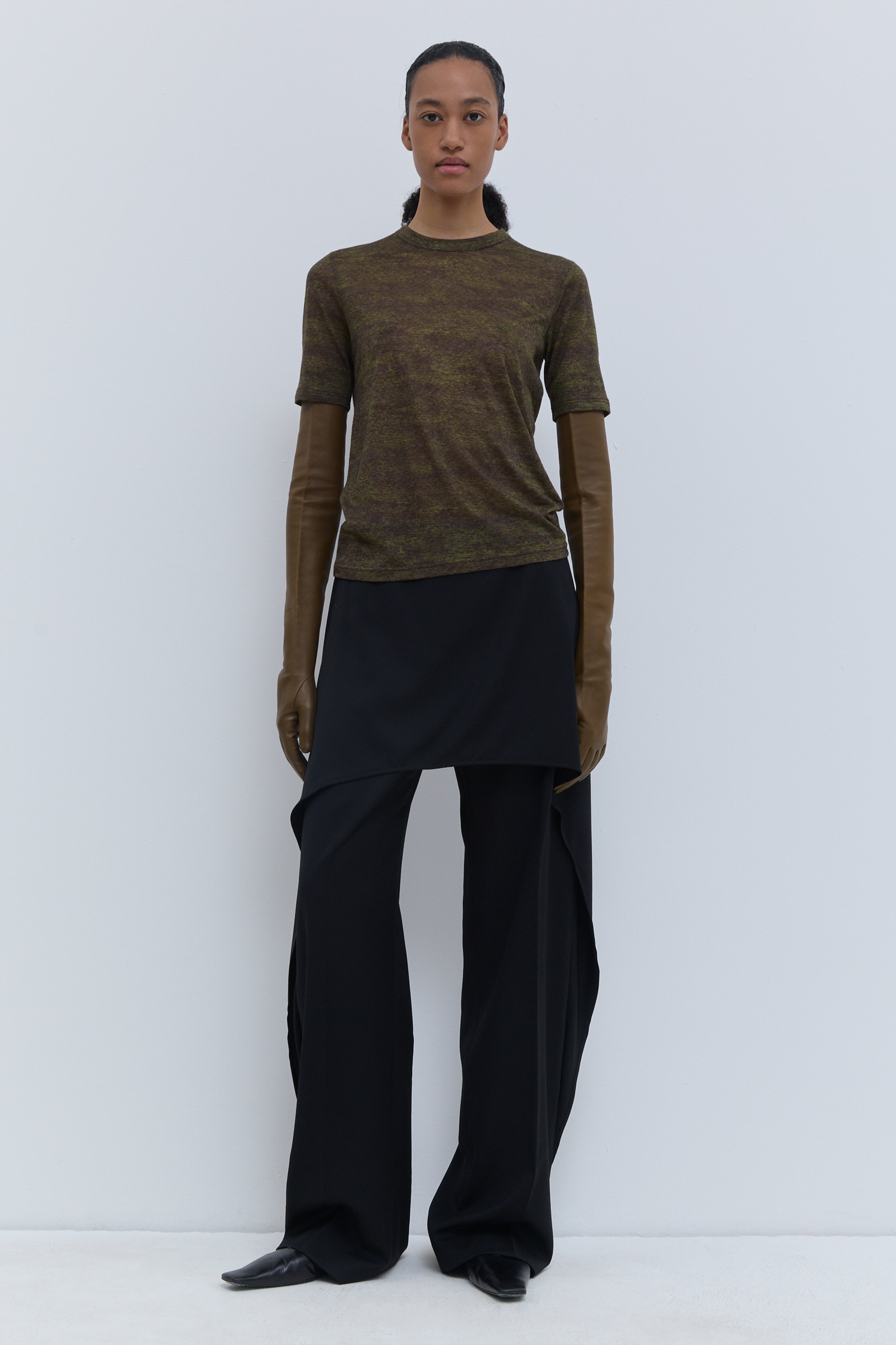 Tampi short-sleeve wool jersey top in Night Forest Storm, front view.
