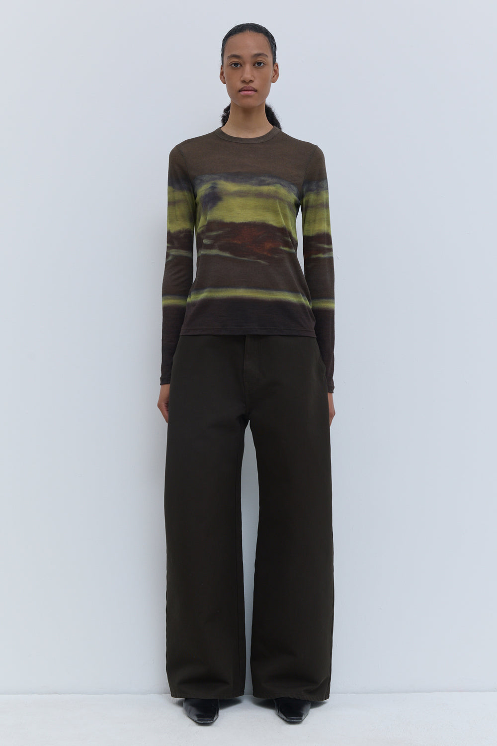 Front view of Tampione long-sleeve wool jersey top in Aurora Earth print.