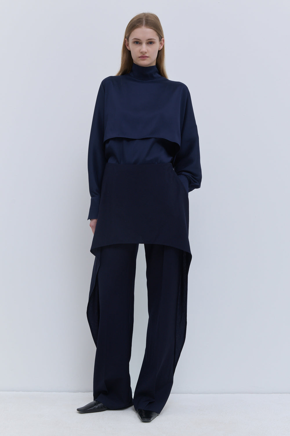 Marine tussah silk top with batwing sleeves