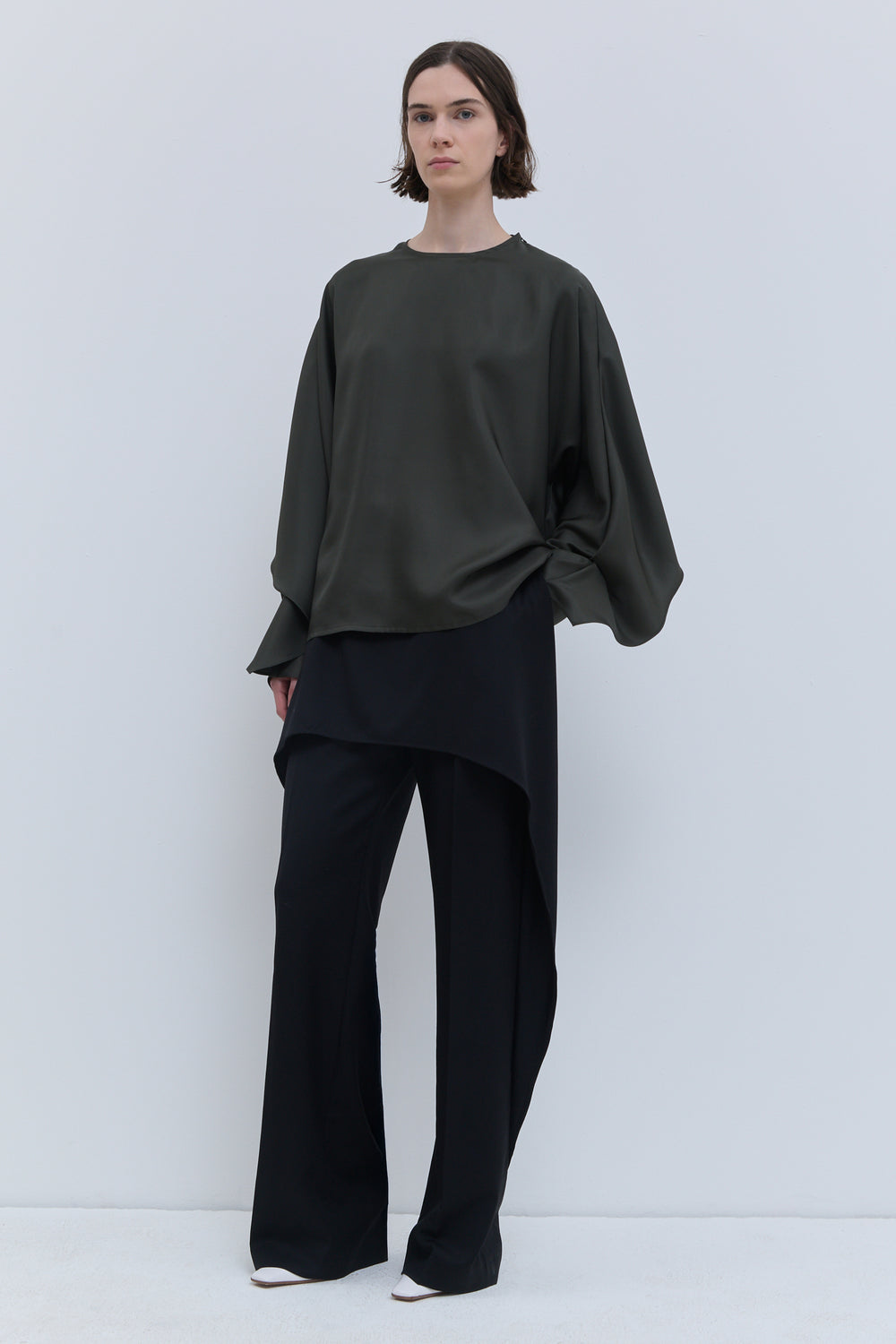 Christian Wijnants Tovra silk twill top in thyme green with batwing sleeves and knotted scarf detail