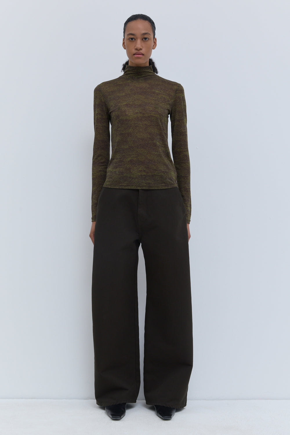 Christian Wijnants Tugal turtleneck top in night forest storm print, long sleeve stretch jersey top with a close fitted silhouette